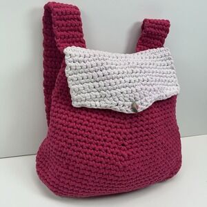 HANDMADE Crochet Drawstring Backpack Flap Button Pink White Boho Beach Festivals